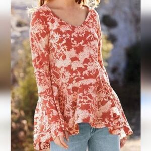 Peruvian Connection Floral Red White Peplum Ruffle Woodblock Blouse Top Size XS